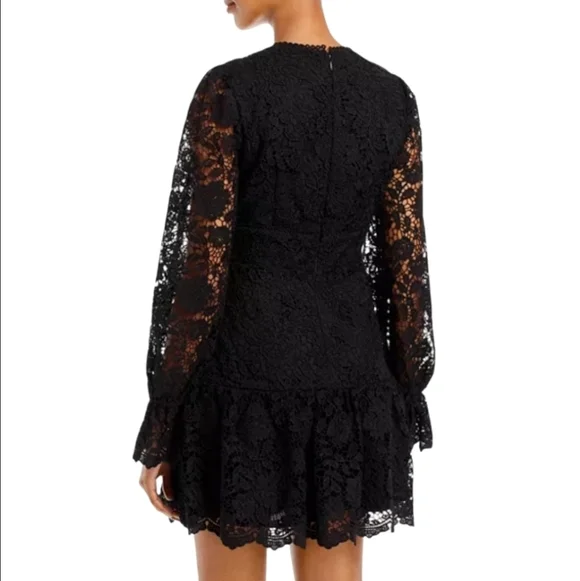 AQUA BLACK LACE LONG PUFF SLEEVE MINI DRESS MEDIUM - Picture 2 of 14